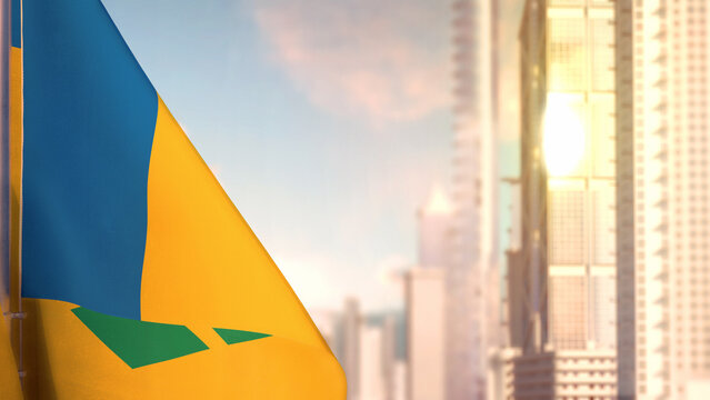 flag of Saint Vincent and the Grenadines on city skyscrapers buildings vanilla sundown bg for independence day - abstract 3D illustration