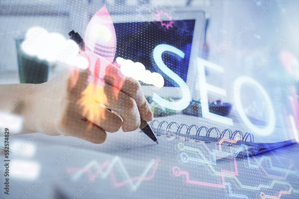 Poster multi exposure of woman's hands making notes with seo icon. concept of search engine optimization