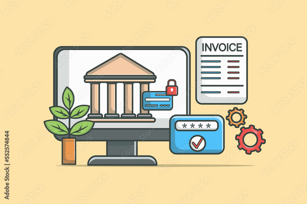 Poster online banking concept in flat line design. financial service color outline scene. objects compositi