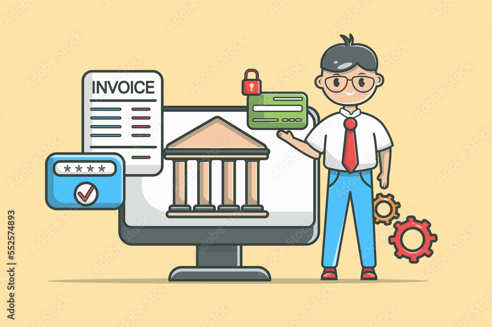 Poster online banking concept in flat line design. financial service color outline scene. man holding credi