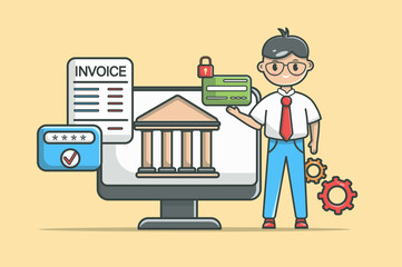Online banking concept in flat line design. Financial service color outline scene. Man holding credit card while standing by computer with bank site and pays invoice. Illustration with web icon