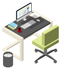 Workspace isometric icon. Office desk with computer and chair