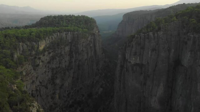 Tazi canyon, Turkey. Mountains Valley landscape with Forest and Trees, drone flight over Huge Cliff and Rocks, Dramatic geological wonder. Drone footage 4k. 