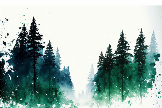 Winter Fir Tree Forest in the Snow Watercolor, Digital Illustration, Generative AI