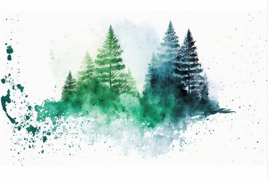 Winter Fir Tree Forest in the Snow Watercolor, Digital Illustration