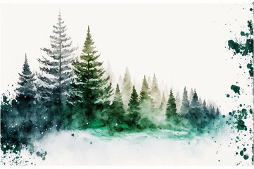Winter Fir Tree Forest in the Snow Watercolor, Digital Illustration