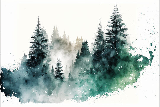 Winter Fir Tree Forest in the Snow Watercolor, Digital Illustration