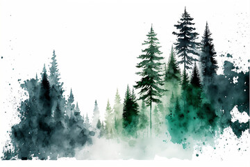 Winter Fir Tree Forest in the Snow Watercolor, Digital Illustration, Generative AI