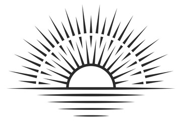 Sun rising from water. Vintage line symbol. Retro sunburst