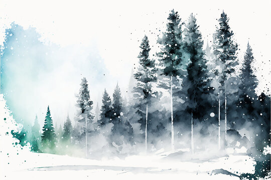 Winter Fir Tree Forest in the Snow Watercolor, Digital Illustration, Generative AI