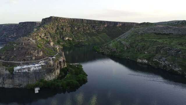 Aerial footage of rumkale view with canyon, old fortress. Turkey. Drone footage 4K. 