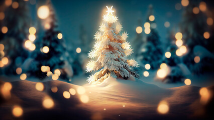 Christmas night with magic glowing lights and pine tree covered with snow. Winter forest landscape scenery. New year eve background wallpaper.
