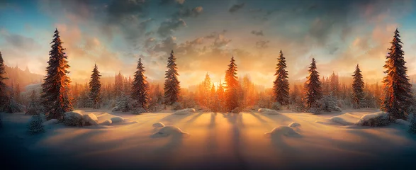 Foto auf Acrylglas Cappuccino Winterlandschaftstapete mit schneebedecktem Kiefernwald und malerischem Himmel bei Sonnenuntergang. Verschneite Tanne in der Schönheit der Naturlandschaft. Grußkartenhintergrund für Weihnachten und Neujahr.