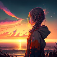 Anime girl watching the sunset. 3d illustration Generative AI	
 - obrazy, fototapety, plakaty