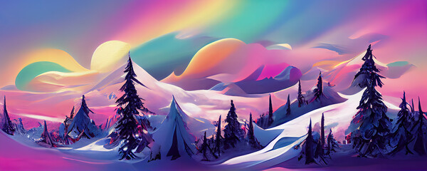 Aurora Borealis on night sky over Christmas winter landscape with evergreen tree and snow, festive illustration