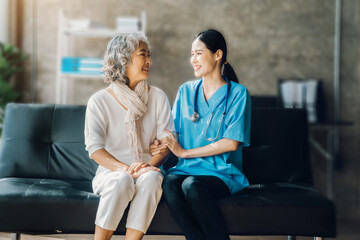 Female doctors shake hands with patients encouraging each other  To offer love, concern, and encouragement while checking the patient's health. concept of medicine.