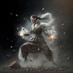 Girl kung fu master wielding the power of the elements of the earth. 3D illustration Generative AI	

