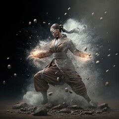 Girl kung fu master wielding the power of the elements of the earth. 3D illustration Generative AI	
