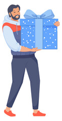 Man carrying giant gift box. Guy holding present