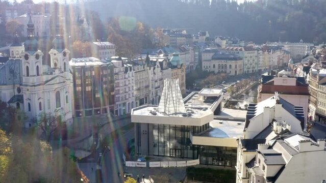 Springs colonnade building and Tepl&aacute; river, Karlovy Vary town, Czechia.