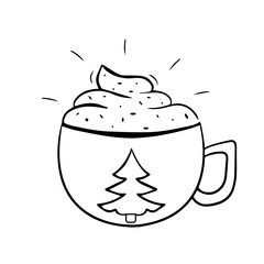 Cup of coffee hand drawing style. One line art of coffee, tea, drink, cappuccino, latte, milk, cream. Romance. Christmas.
