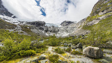 Fototapeta na wymiar Idyllic hiking trail through the norwegian fauna to the impressive Jostedalsbreen glacier on a rainy day