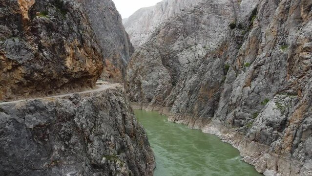 River Euphrates running through Dark Canyon (Karanlik) of Kemaliye in Erzincan, Turkey. Drone footage 4K.