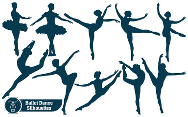 Collection of Black and white vector woman silhouettes dancing ballet of women's body anatomy styles