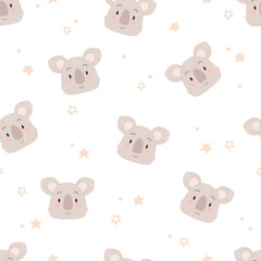 Vector seamless pattern of cute koala. Hand-drawn print for wallpaper, fabric, textile design.