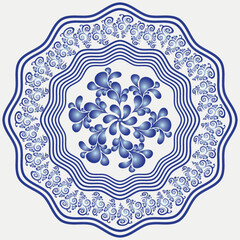 Round white and blue vintage floral plate in style gzhel on white, vector 