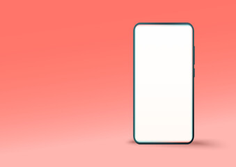 3d smartphone with empty screen for mockup mobile concept. Showcase cellphone frame display minimal scene with device phone. Mobile phone isolated on pastel pink background. Vector illustration