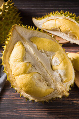 Durian riped and fresh ,durian peel on wooden table.