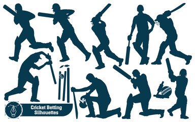 Cricket player betting silhouettes in different poses