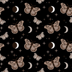 Beautiful fairy moth in brown tones. Seamless pattern for boho nursery posters, cards, invitations.
