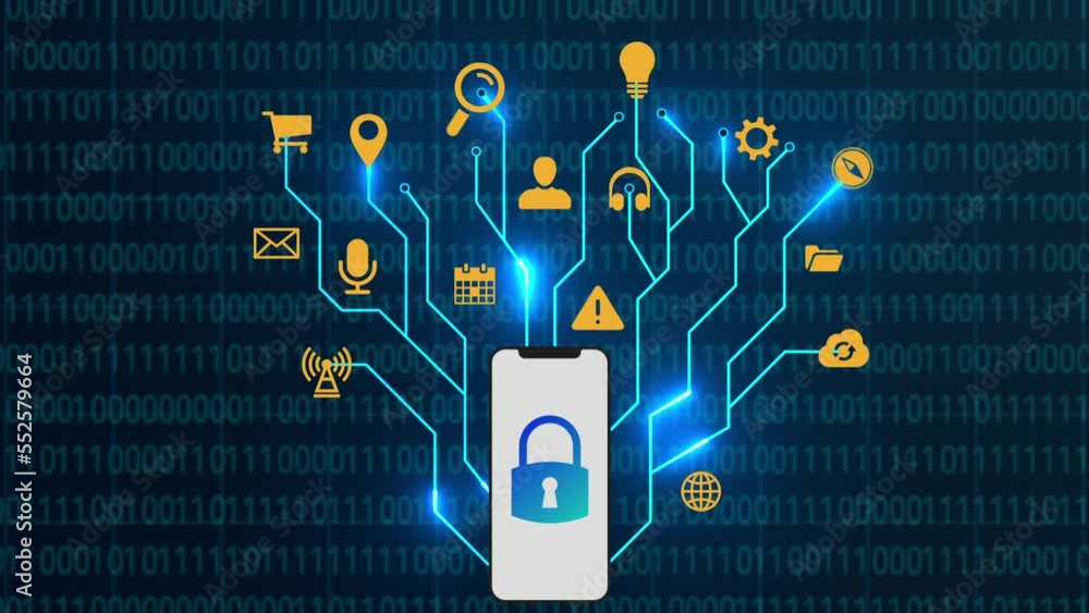 Poster animation of network of connections and smartphone with lock on dark binar background. cyber securit