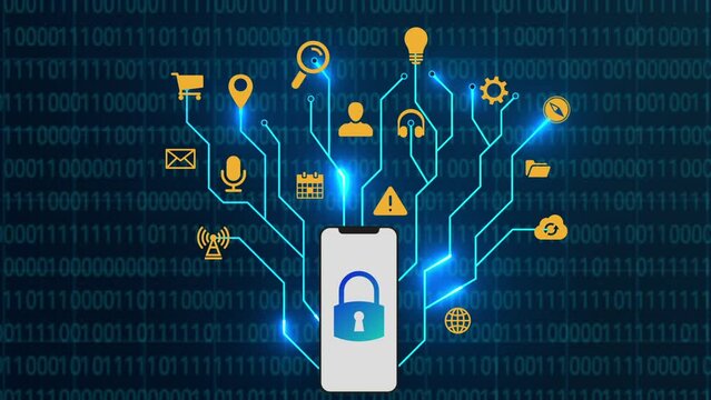 Animation of network of connections and smartphone with lock on dark binar background. cyber security and digital interface concept digitally generated video.