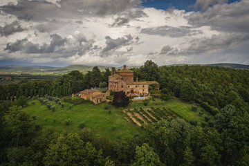Chiusdino, Italy - September 2022: Aerial view on the Chapel of San Galgano in Montesiepi