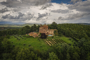 Chiusdino, Italy - September 2022: Aerial view on the Chapel of San Galgano in Montesiepi