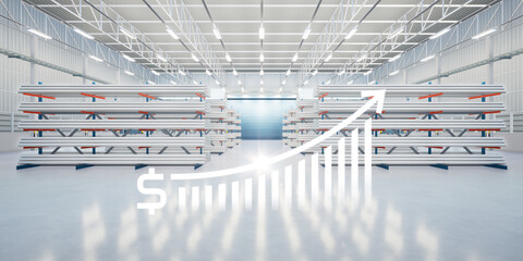 3d rendering of steel pipe product, row of shelf and concrete floor inside large warehouse, factory or store. Concept of steel production industry, manufacturing, growth profit and market price.