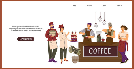 Coffee shop or confectionery cafe web banner interface design, flat vector illustration for flyer and website. Coffee and pastry promotion for web and social media, print materials.
