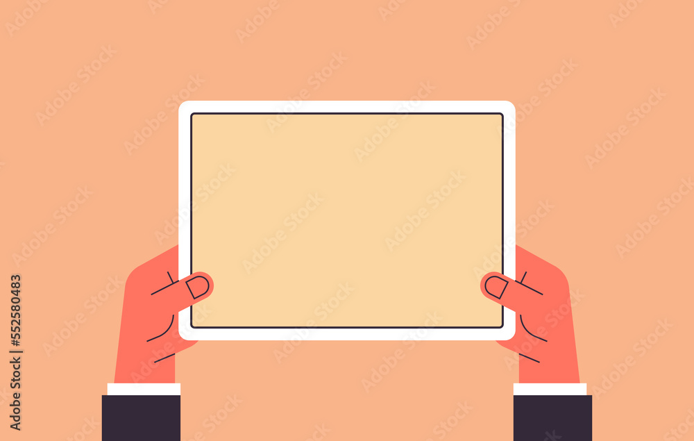 Poster hand holding tablet computer with blank screen and using digital tablet pc screen view flat vector i