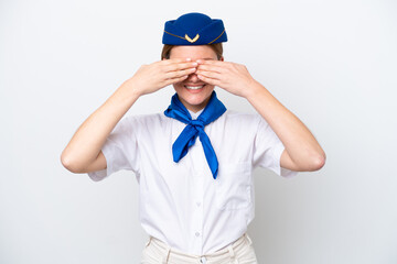 Airplane stewardess woman isolated on white background covering eyes by hands