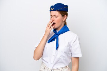 Airplane stewardess woman isolated on white background yawning and covering wide open mouth with hand
