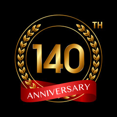 140th Anniversary. Anniversary Logo Design with Laurel Wreath and Red Ribbon for Celebration Event, Wedding, Invitation, Greeting Card. Logo Vector Illustration
