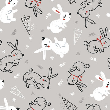 Christmas seamless pattern with cute bunnies.