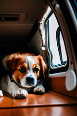  Close-up Of Dog Looking Throw Window In Camper Auto , soft diffused light - AI Generated