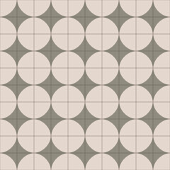 Simple abstract ornament of a floor tile. Green brown circles on a square seamless pattern.