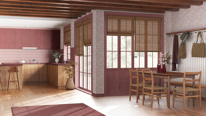 Fototapeta na wymiar Farmhouse kitchen and dining room in white and red tones. Wooden cabinets, island with stools, table with chairs. Modern interior design