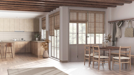 Farmhouse kitchen and dining room in white and beige tones. Bleached wooden cabinets, island with stools, table with chairs. Modern interior design