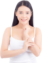 Portrait of beautiful asian woman makeup of cosmetic, girl hand touch chin and smile attractive,...